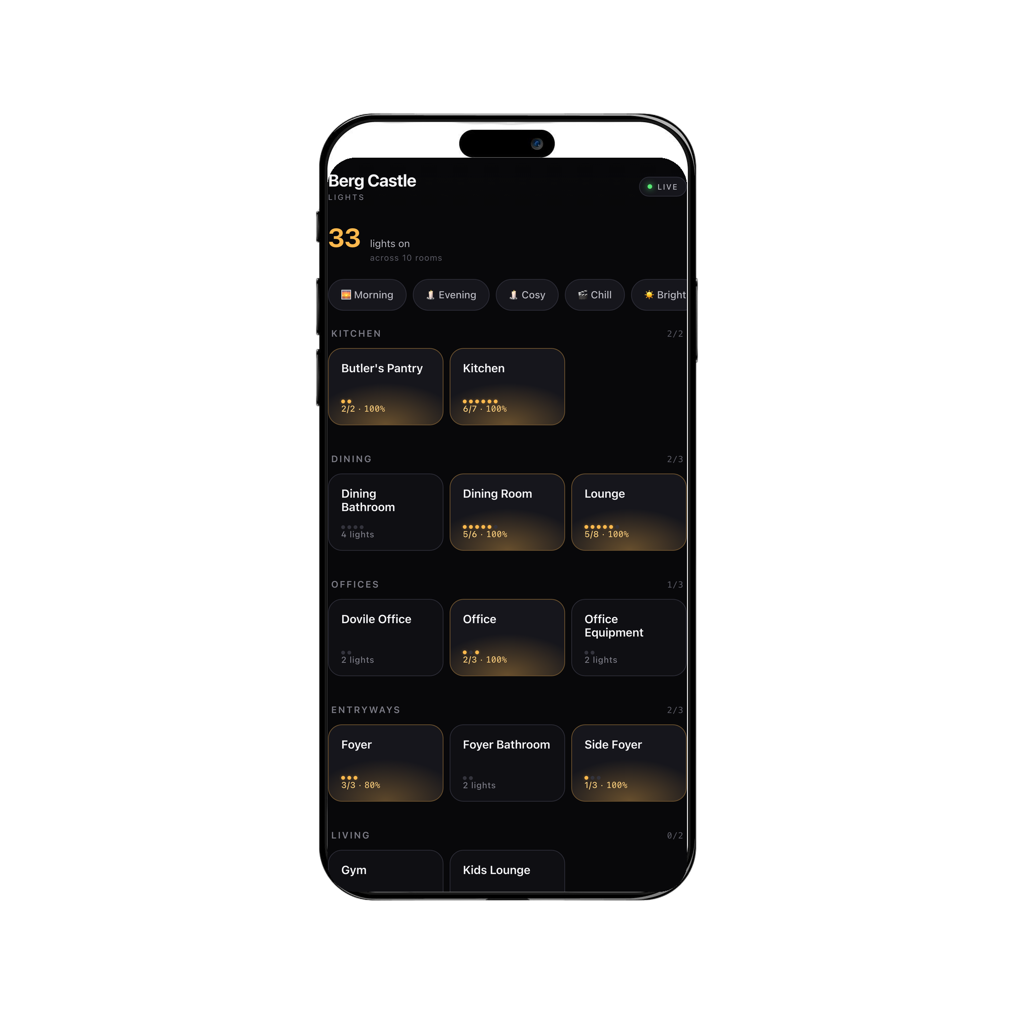 Berg Castle home page on iPhone showing 33 lights on across five rooms with warm amber glows on active rooms
