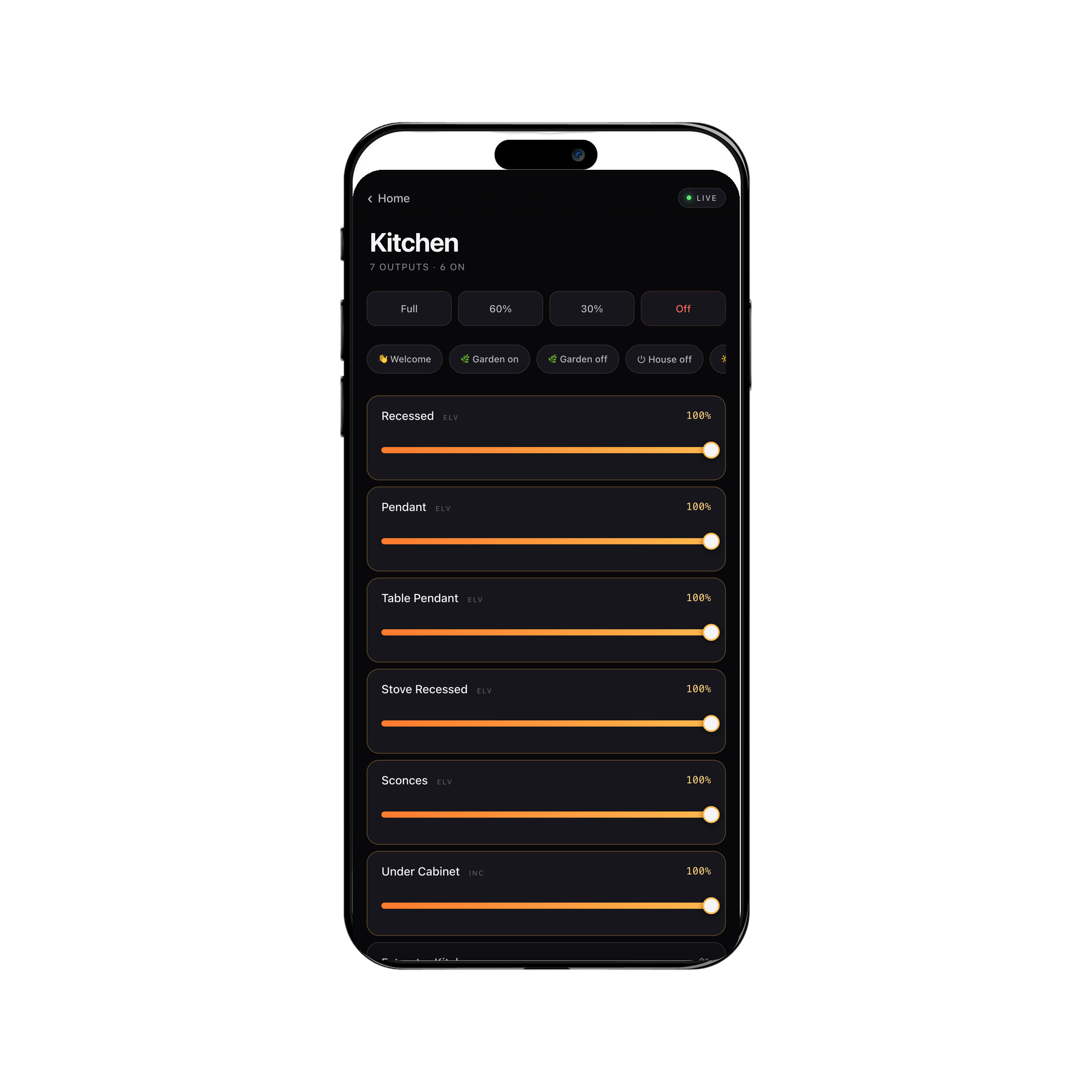 Kitchen room detail on iPhone showing seven individually controllable outputs with sliders
