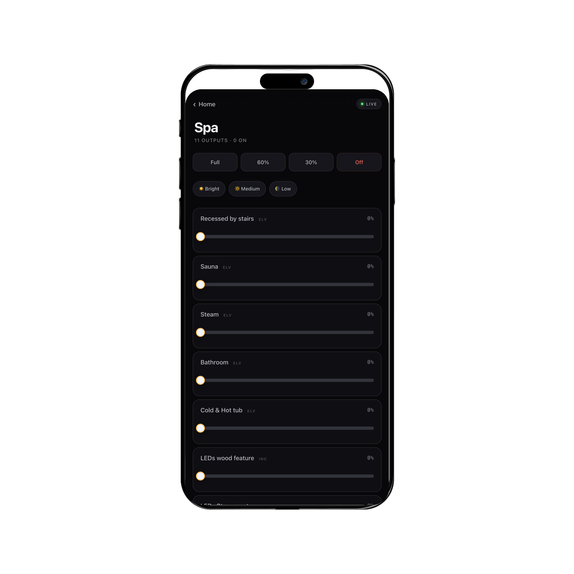 Spa room detail on iPhone showing eleven outputs including sauna, steam, tub lights, LED features
