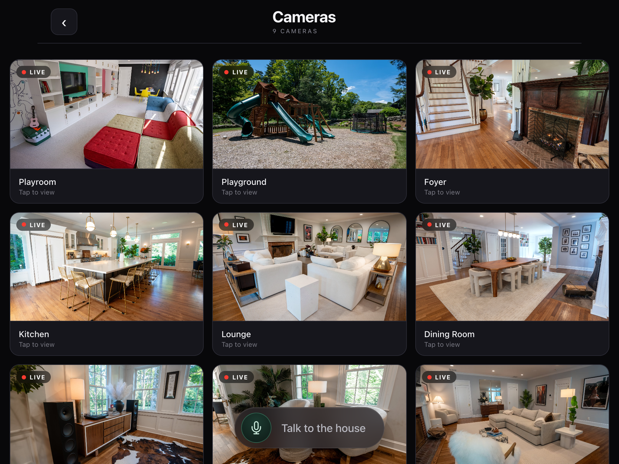 Cameras view on iPad showing three live camera tiles: Foyer, Kitchen and Lounge, with the Talk to the house button