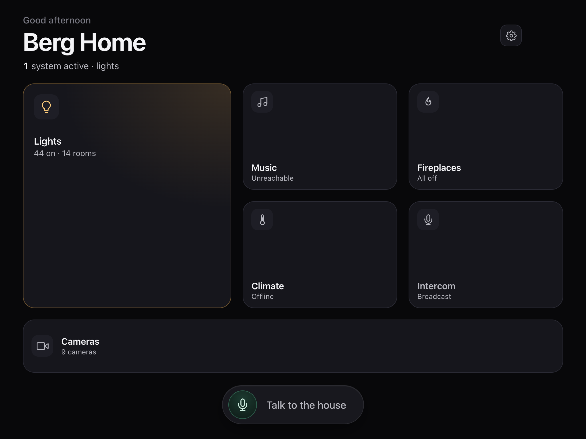 Berg Home control panel home screen on iPad: bento tiles for Lights, Music, Fireplaces, Climate, Intercom and Cameras