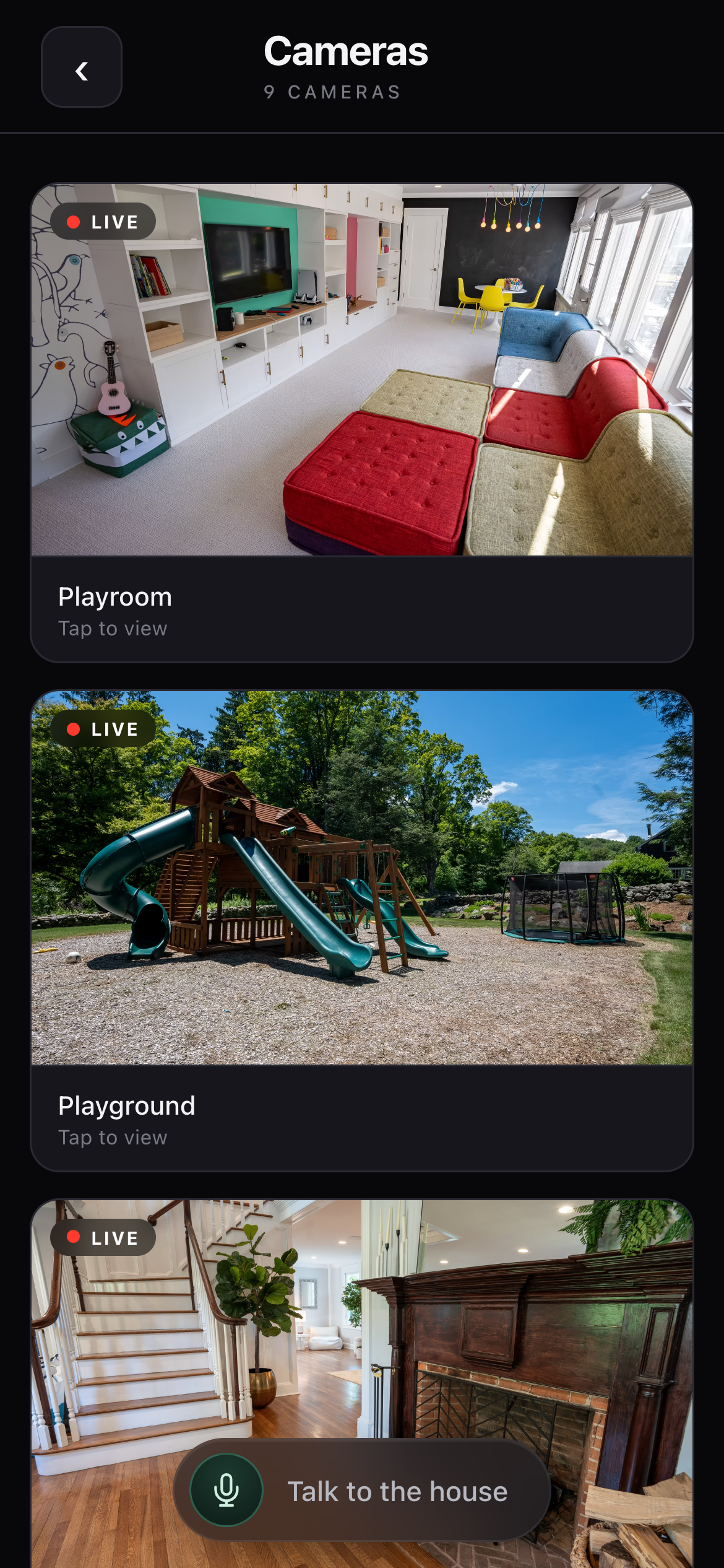 Cameras view showing three live camera tiles: Foyer, Kitchen and Lounge