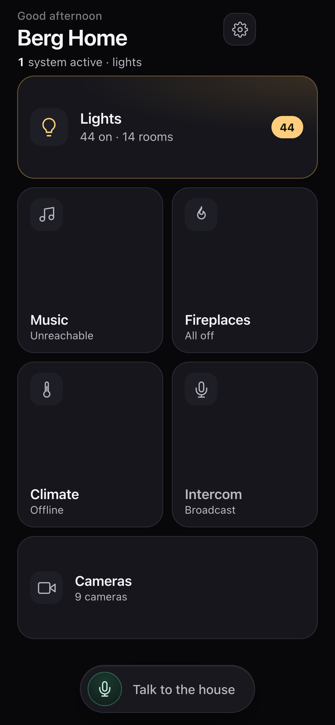 Home bento screen with tiles for lights, music, fireplaces, climate, intercom and cameras