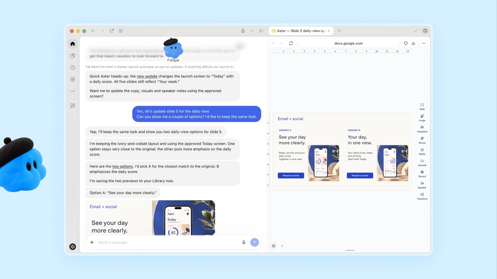 One of OpenAI’s own examples: a dot called Felipe reworking launch emails and social posts after the product scope changes. Image: OpenAI.