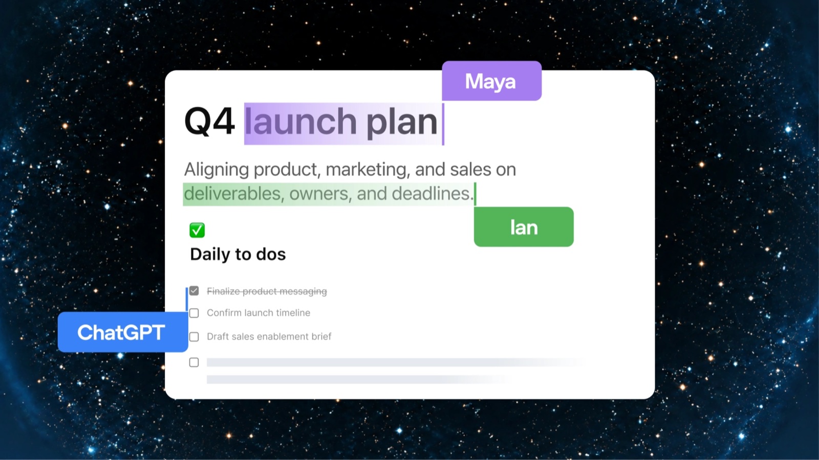 A Page for a Q4 launch plan, with two teammates and ChatGPT working on it at once. Image: OpenAI.