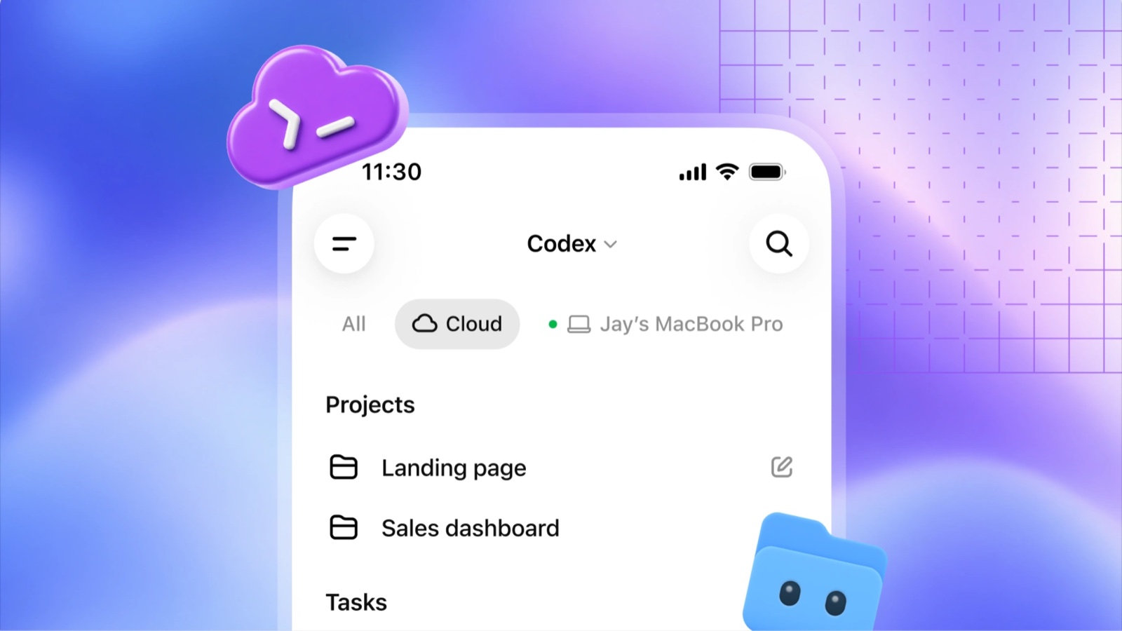 Codex on a phone, with projects running in the cloud and on a laptop. Image: OpenAI.
