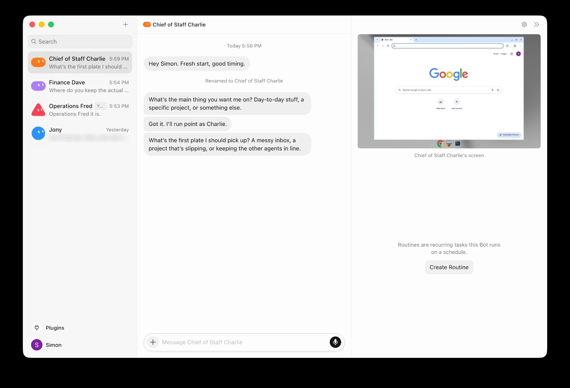 A Grok Bot conversation with a live agent screen panel on the right showing a Chrome browser open on the shared cloud computer