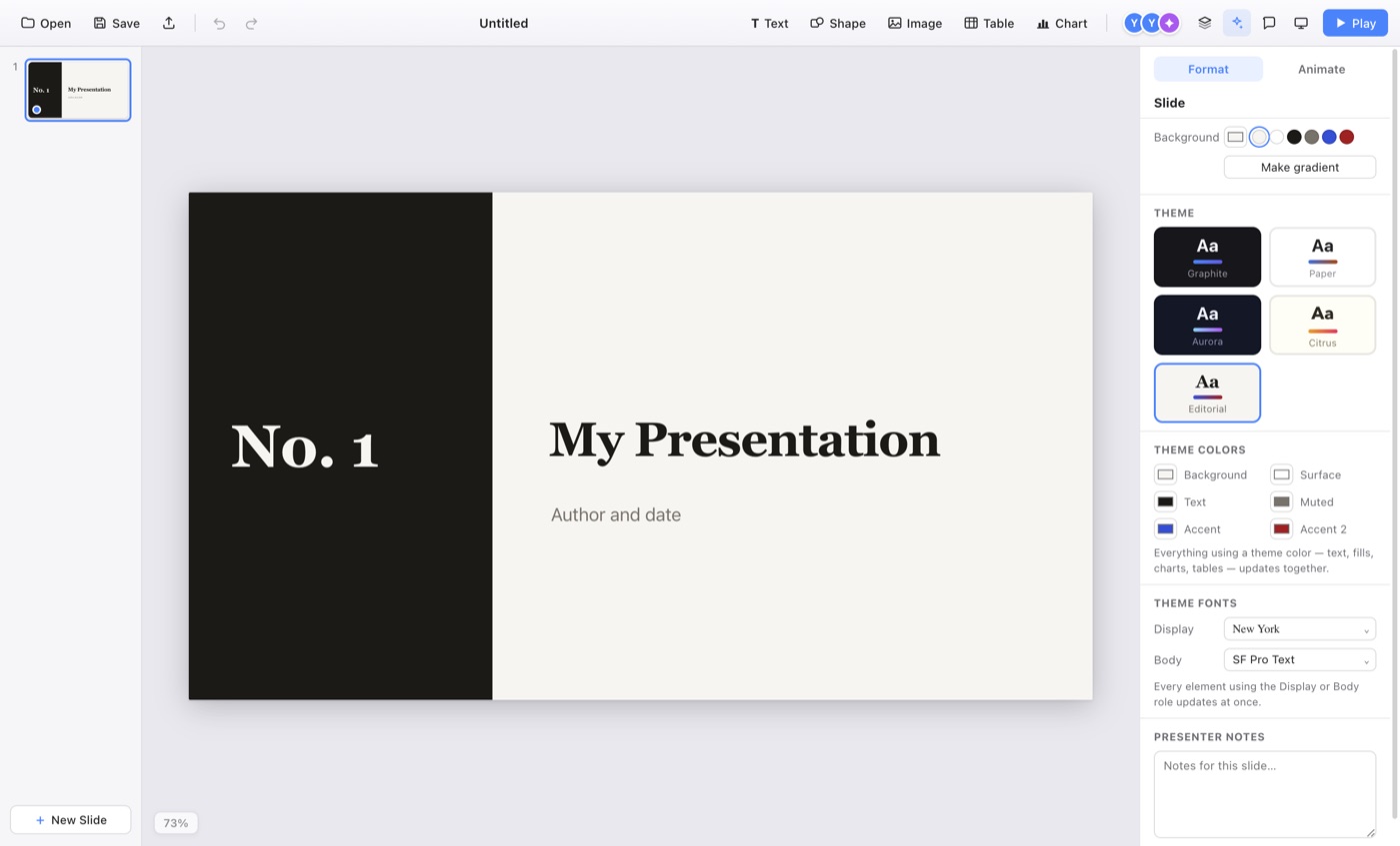 Podium editor with the Editorial Split theme open