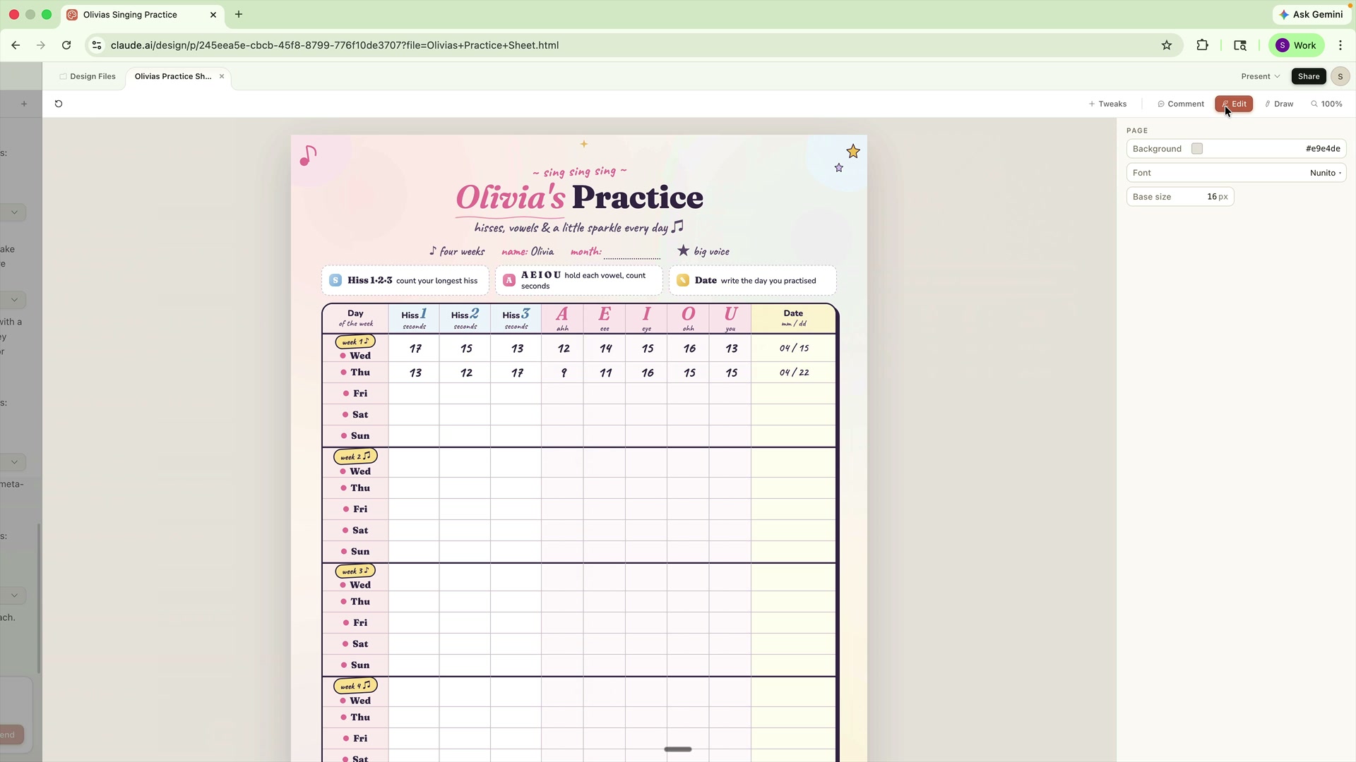 Olivia singing practice sheet designed by Claude Design