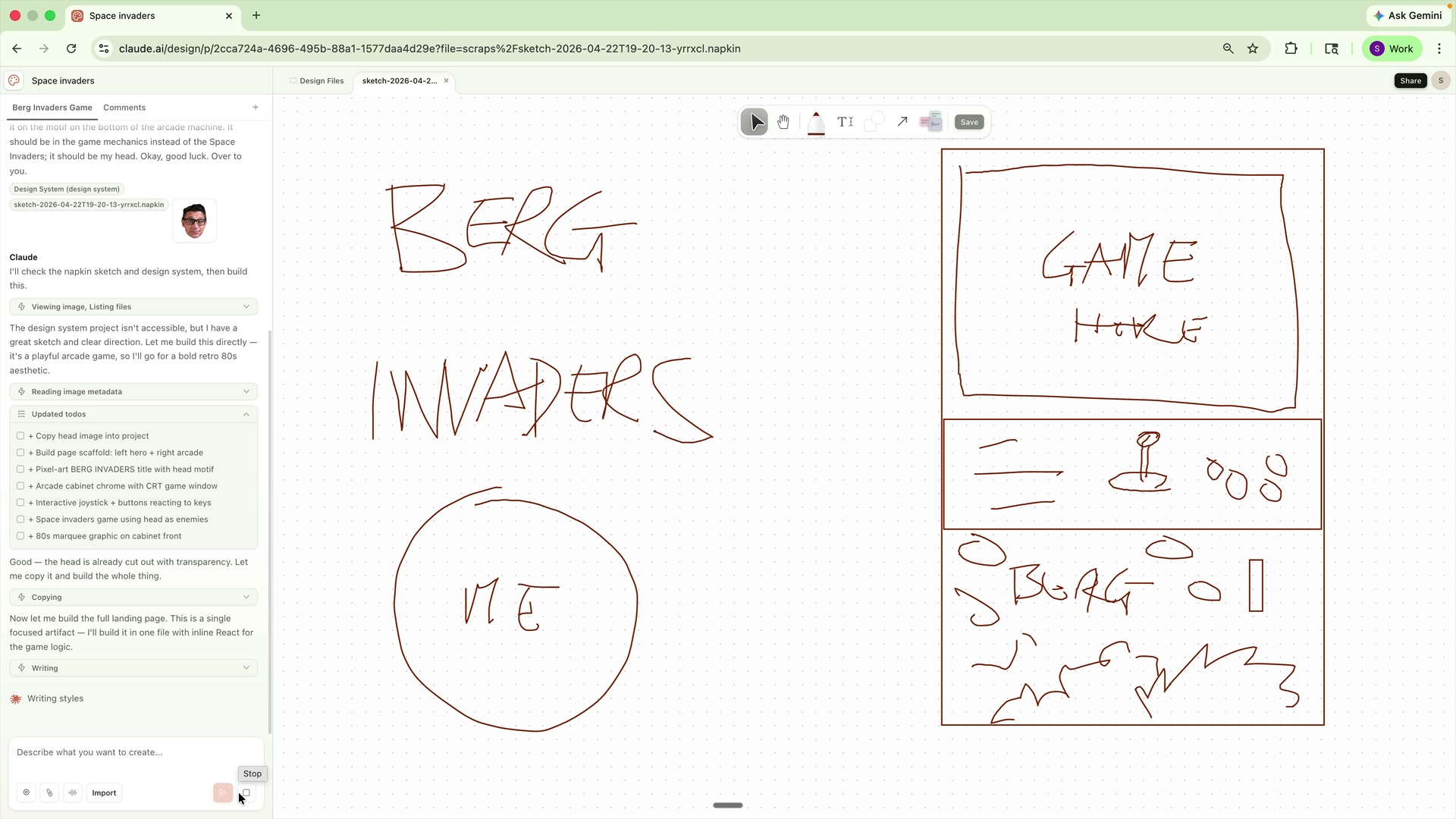 Berg Invaders hand-drawn sketch inside Claude Design