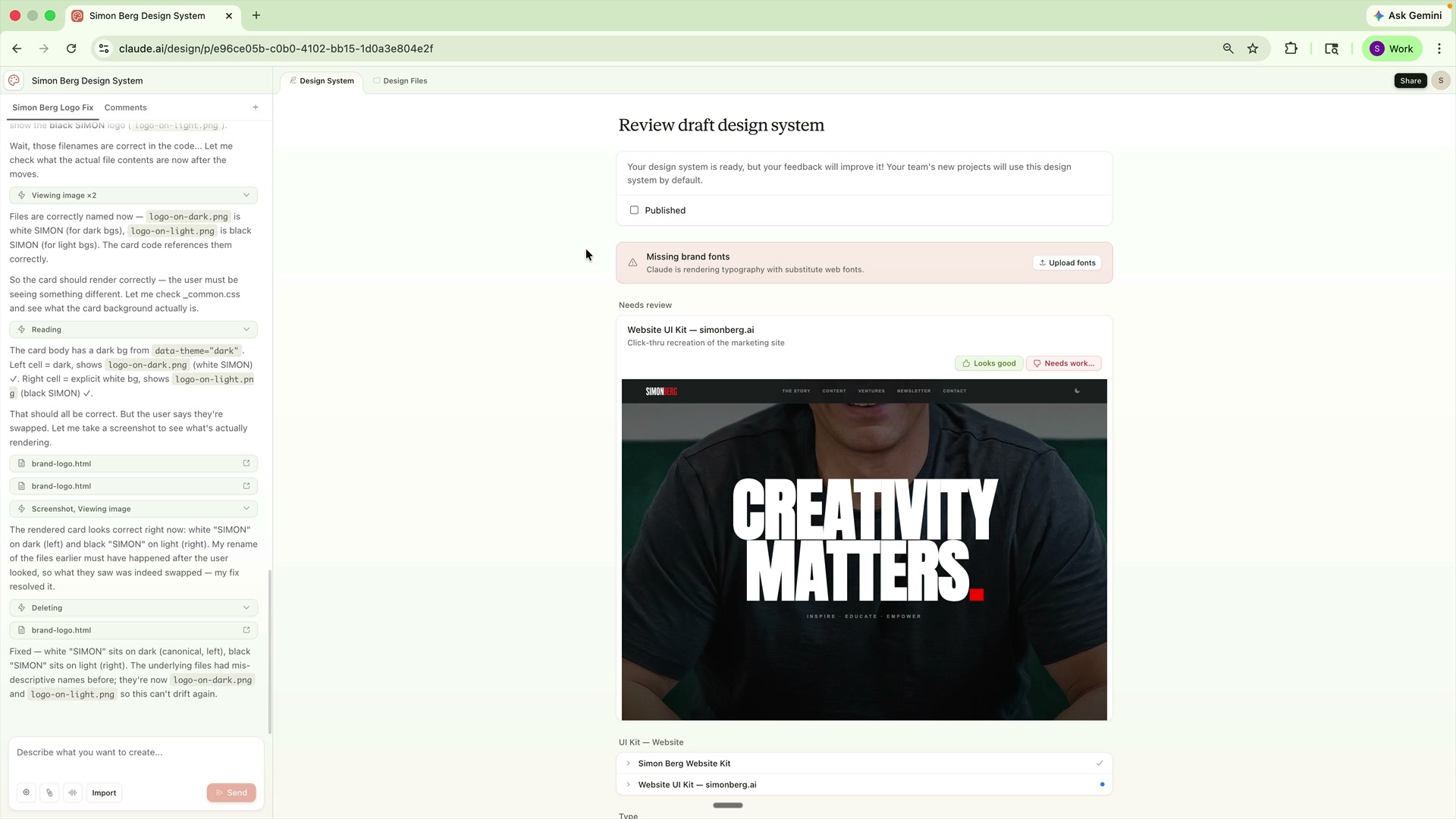 The generated Simon Berg design system inside Claude Design