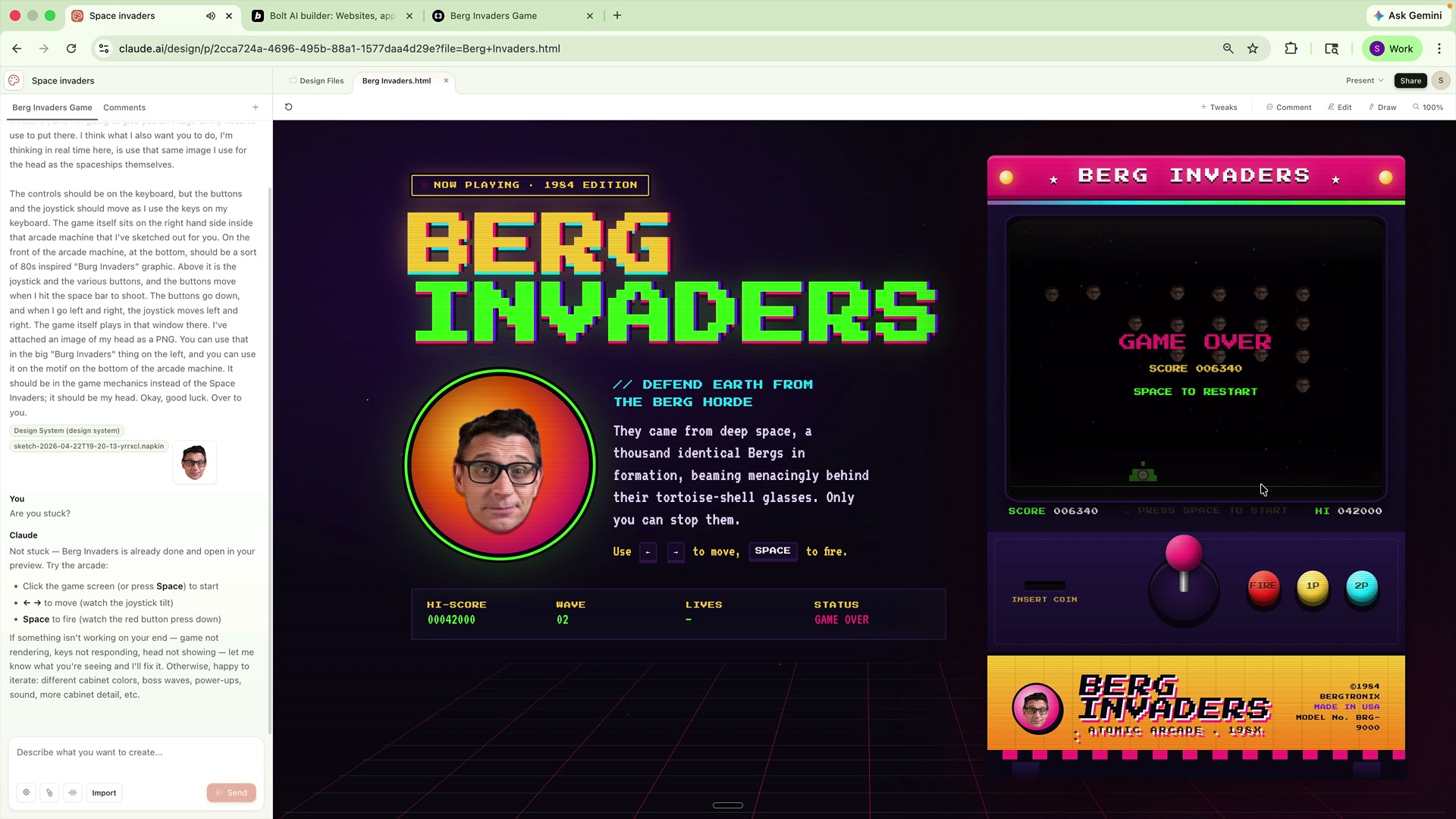 Berg Invaders game output from Claude Design