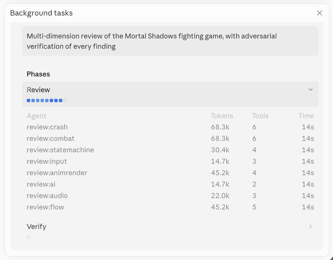 Background tasks panel showing the eight Review phase reviewers. Crash, combat, statemachine, input, animrender, ai, audio, flow.