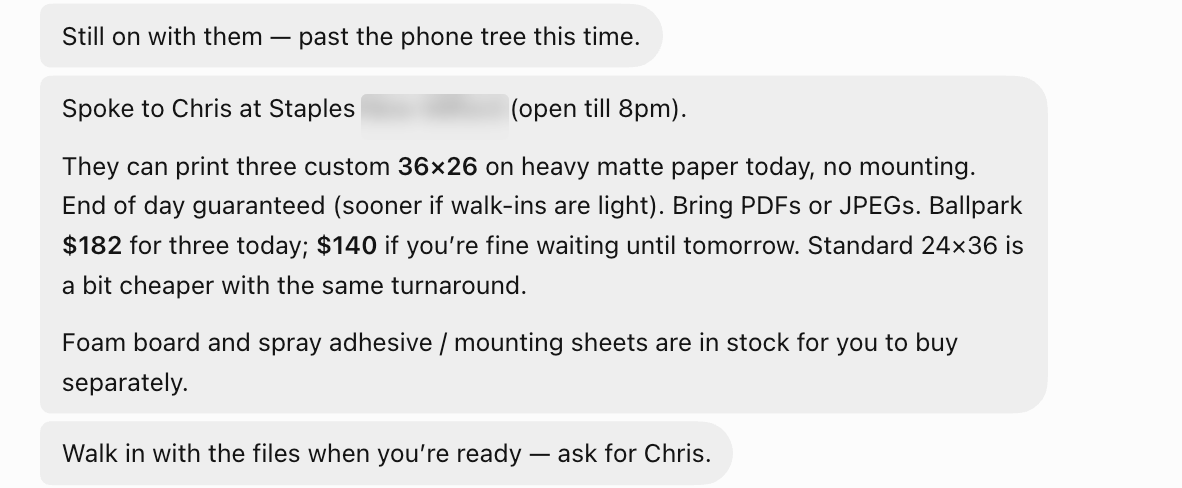 Charlie’s actual messages, a few minutes later. I’ve blurred the town.
