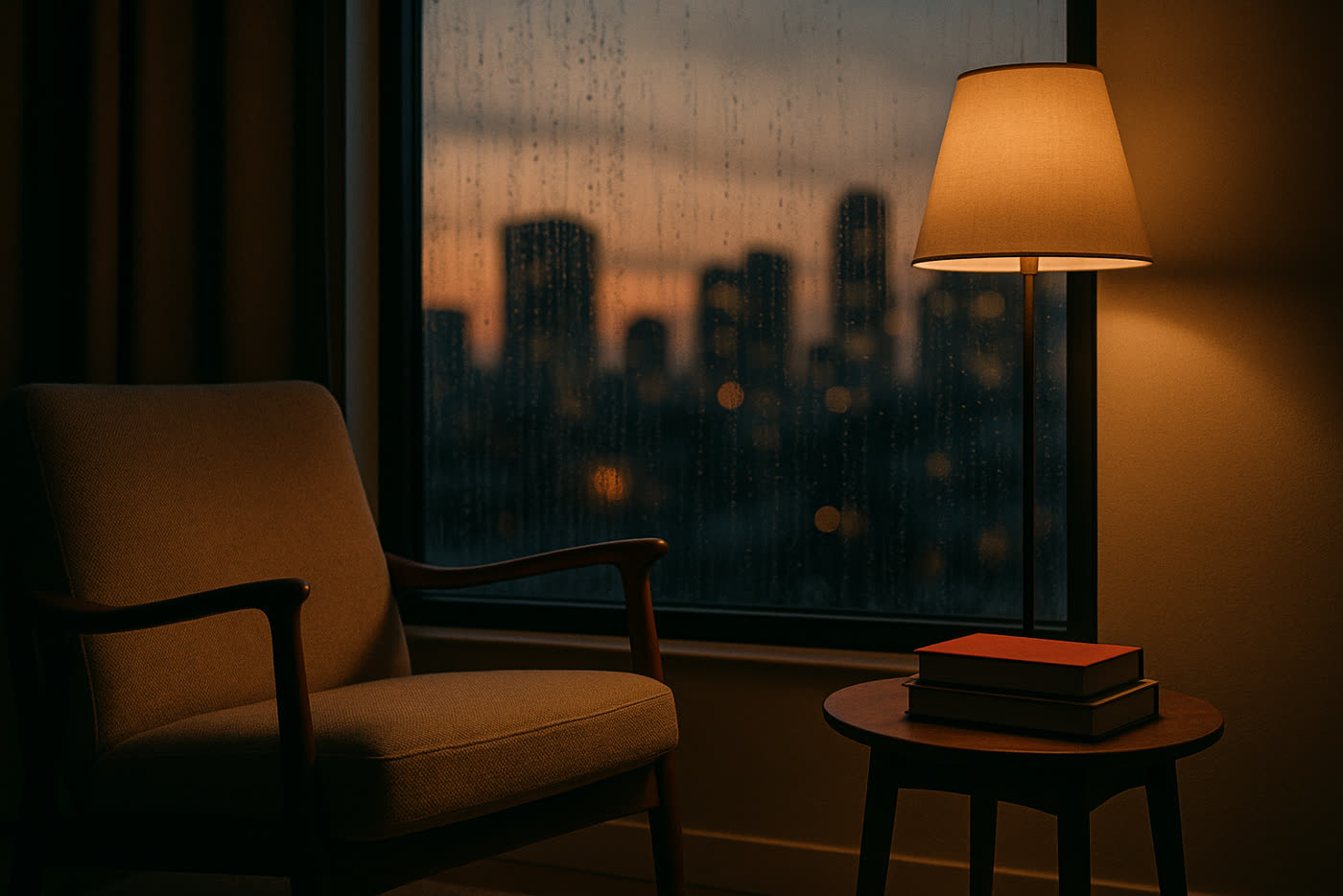A single wooden chair facing a tall window at dawn