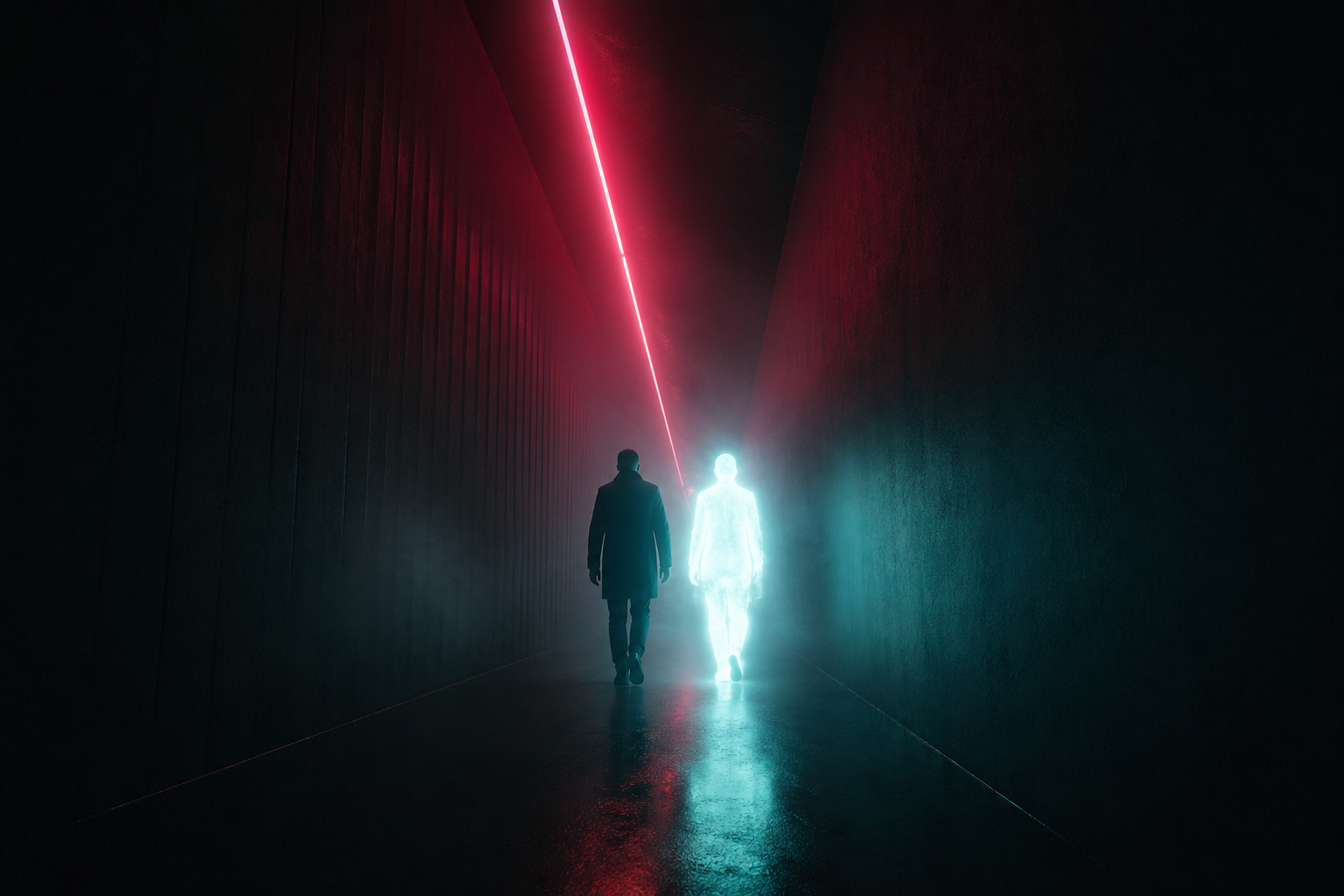 Two figures walking side by side through a darkened neon corridor, one human silhouette, one made of light
