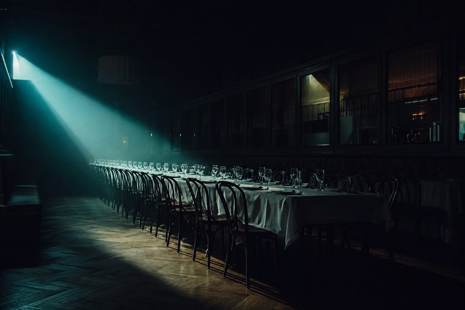 An empty restaurant dining room cut by a single shaft of teal light