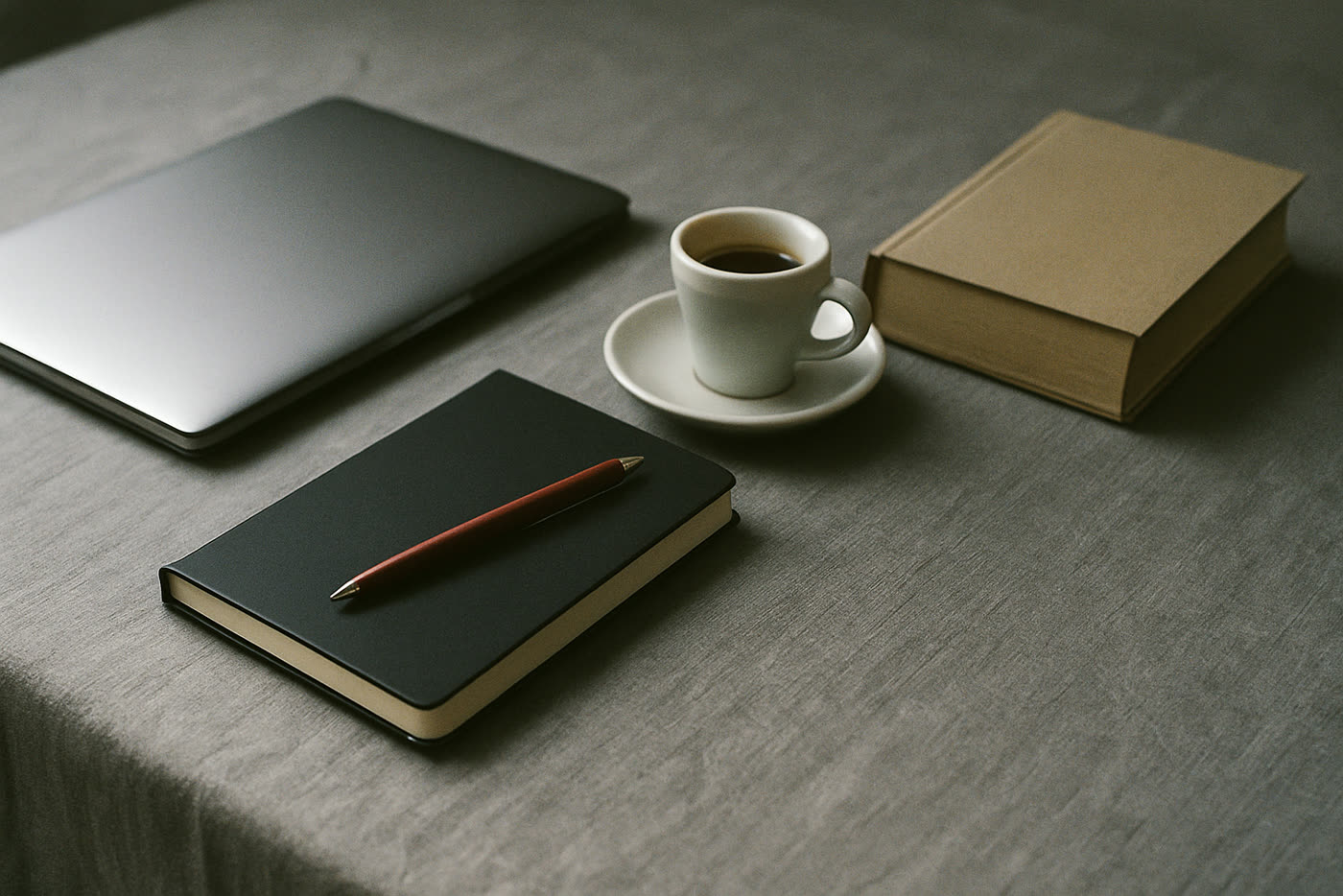 A leather notebook open beside a dark laptop, afternoon light from a window