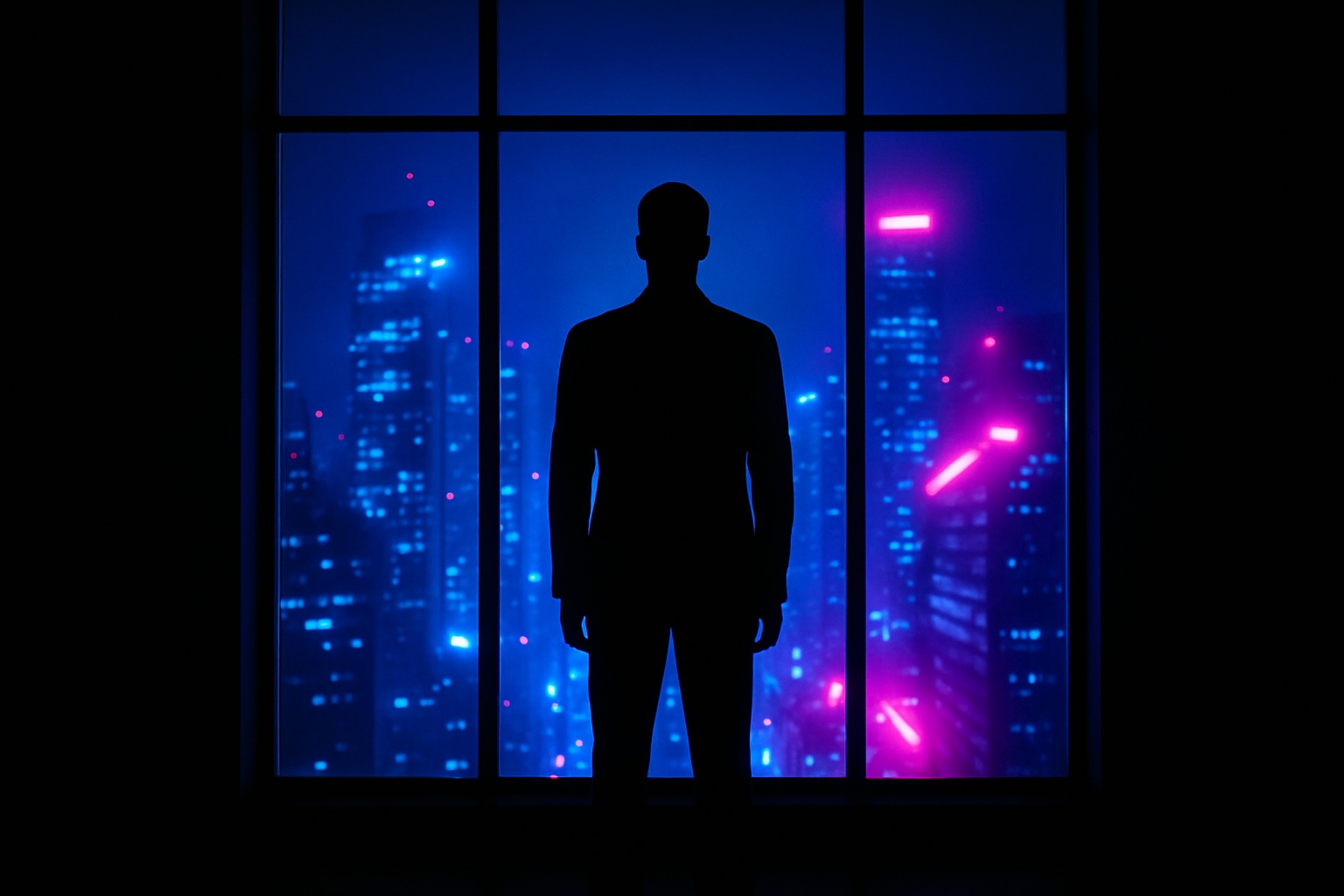 A solitary figure at a large industrial-loft window at dusk
