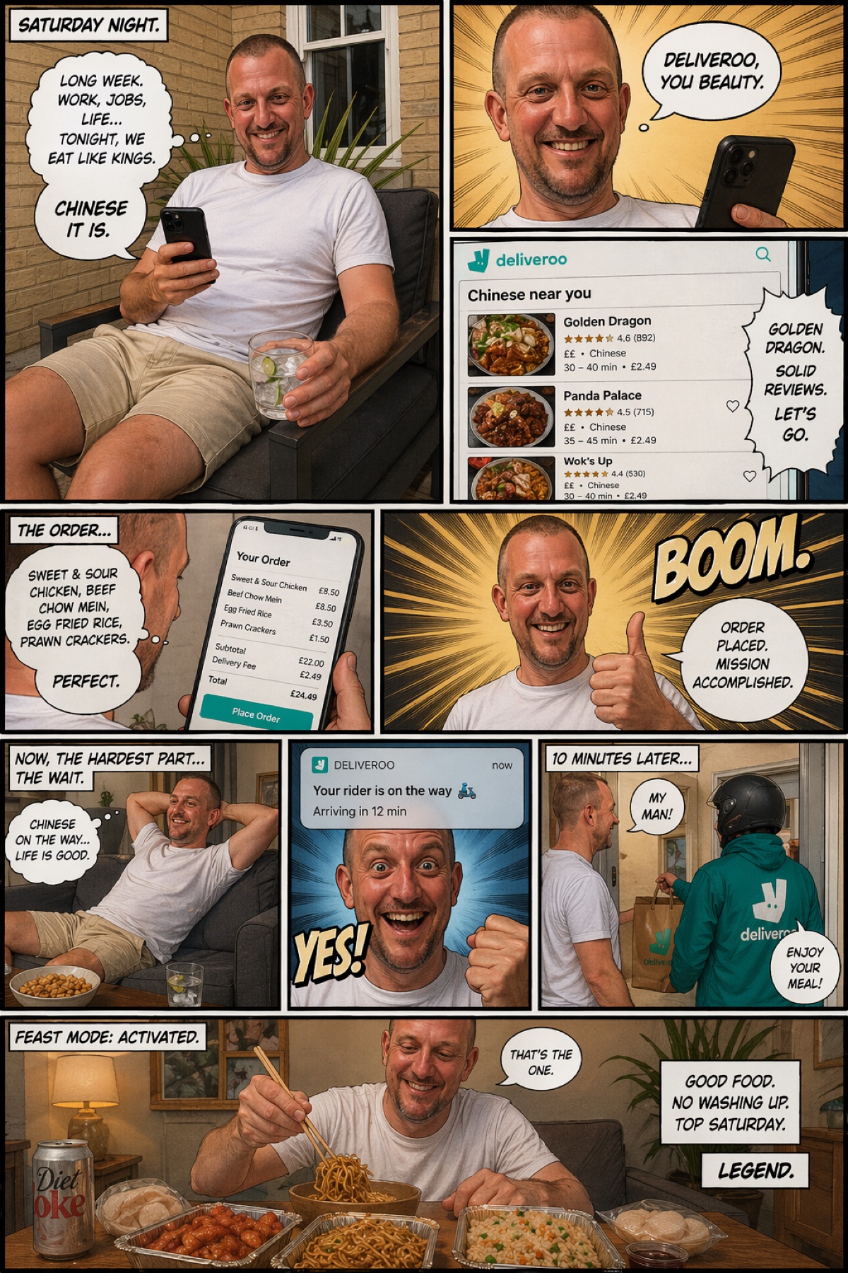 Ten-panel comic strip generated by GPT Image 2 from a single photograph, telling the story of a Saturday night Chinese takeaway order via Deliveroo, with perfect text rendering throughout