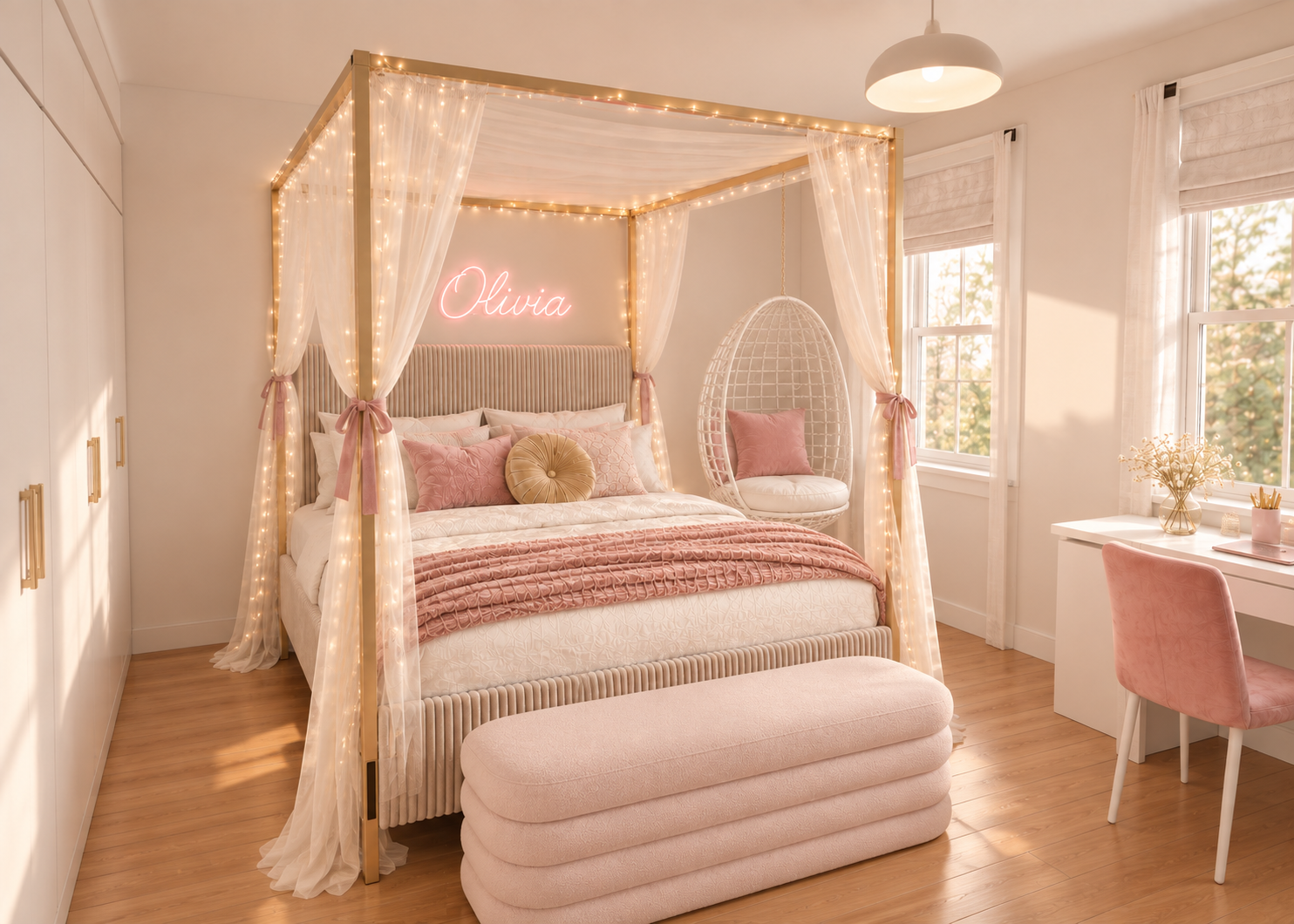 Olivia’s blush bedroom design with a gold canopy bed