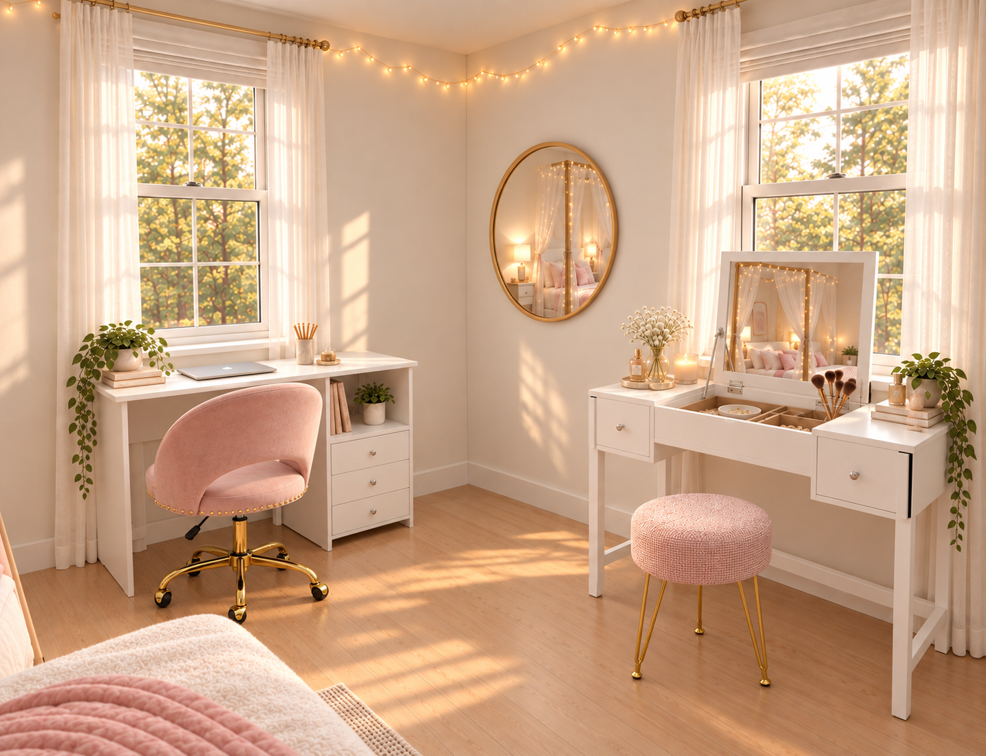 Latest computer desk and vanity with selected pink seats