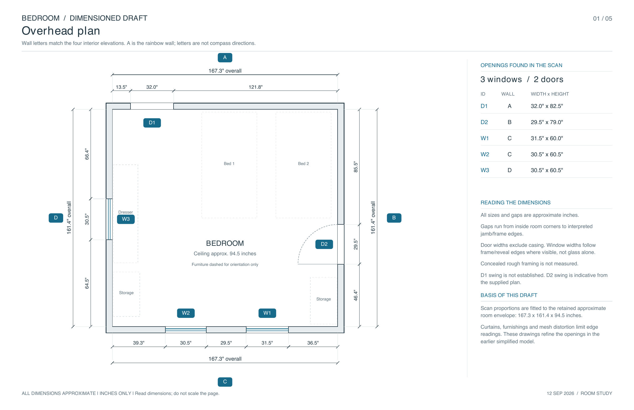 Measured overhead plan of the original bedroom in inches