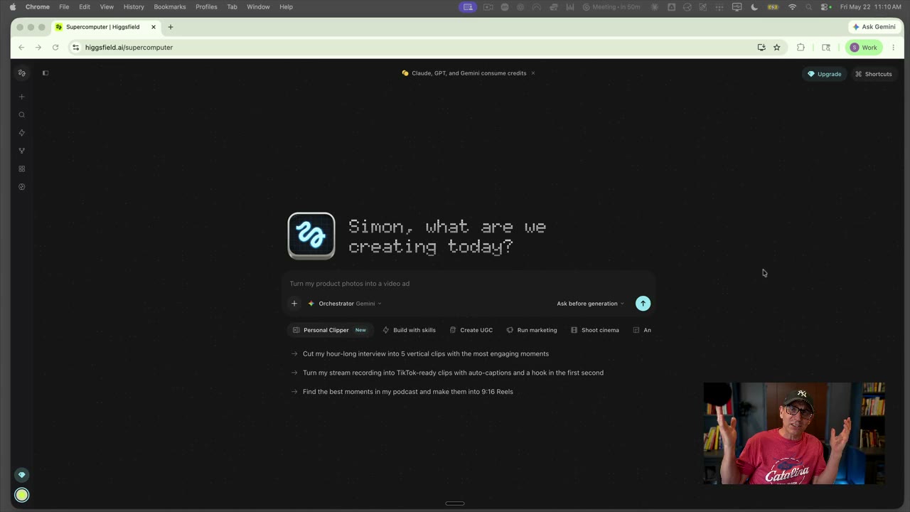 Higgsfield Supercomputer landing screen with menus, suggested prompts and tool chips competing for attention.