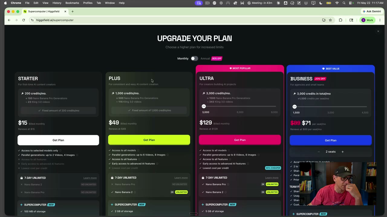 Higgsfield 'Upgrade Your Plan' modal showing Starter $15, Plus $49, Ultra $129 and Business tiers.